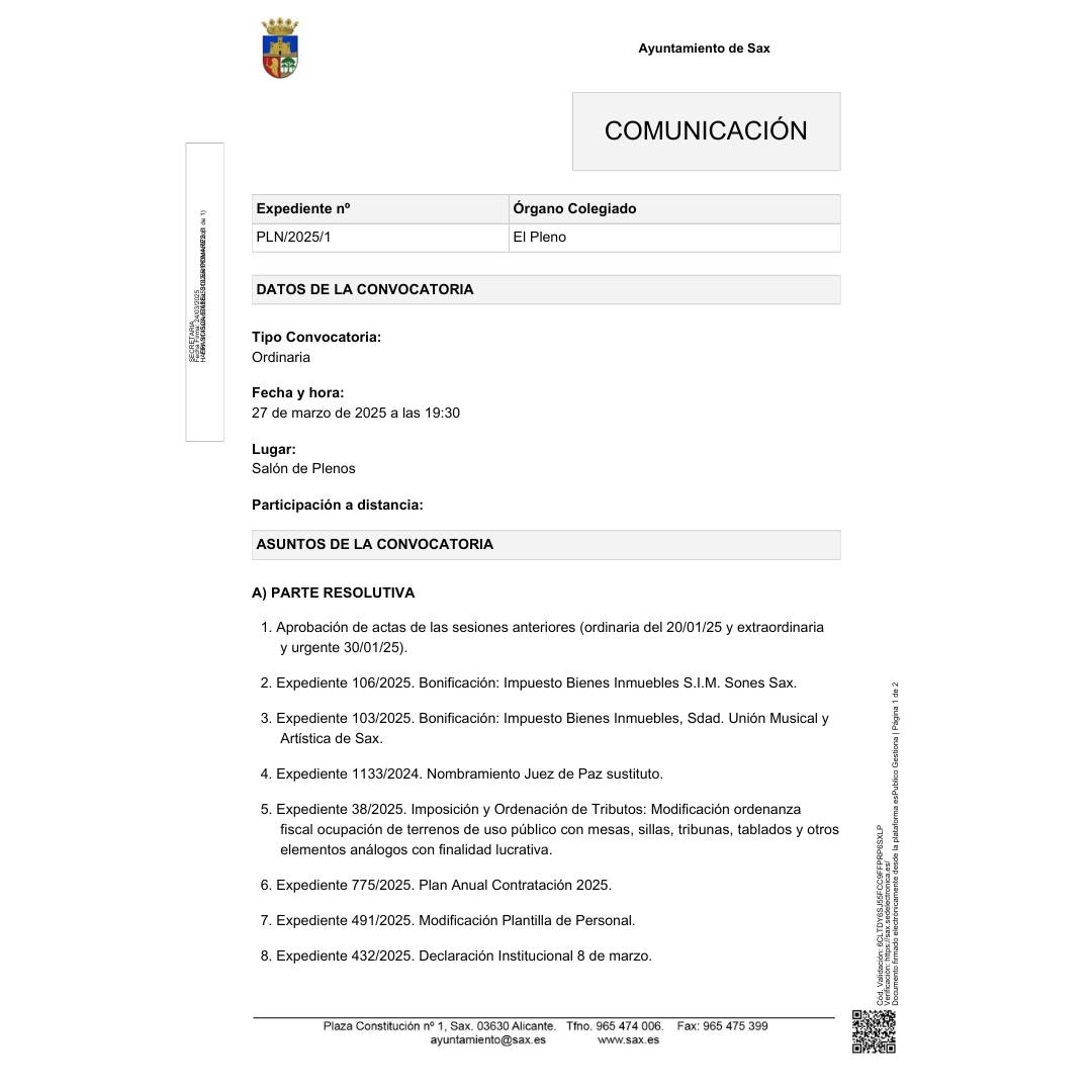 Convocatoria de Pleno Ordinario 27 de marzo de 2025
